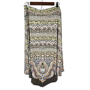 Chico's Size Medium Maxi Boho Print Green Handkerchief Asymmetrical Pullon Skirt